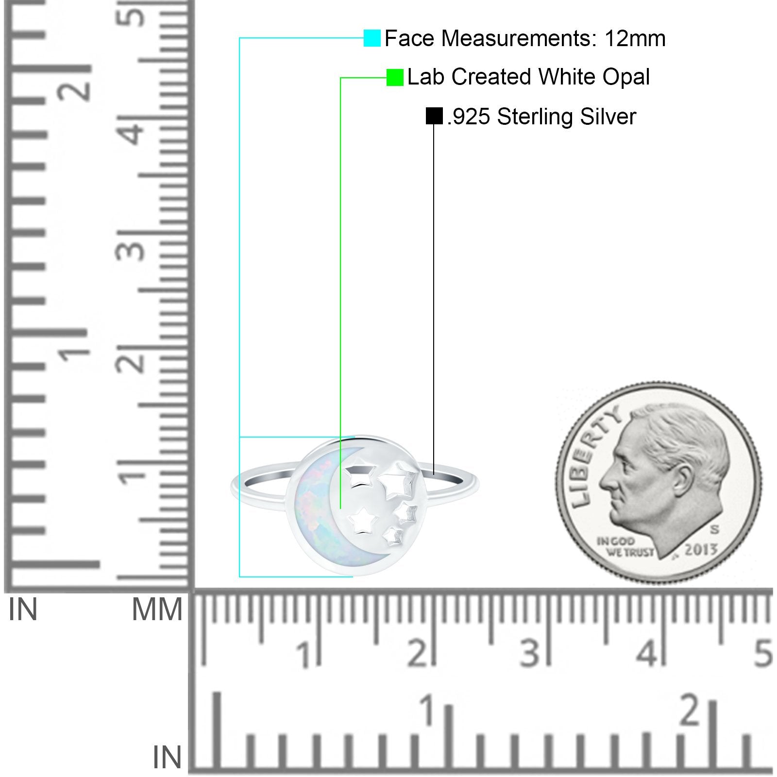 Moon and Stars Ring Band Lab Created White Opal 925 Sterling Silver (12mm)