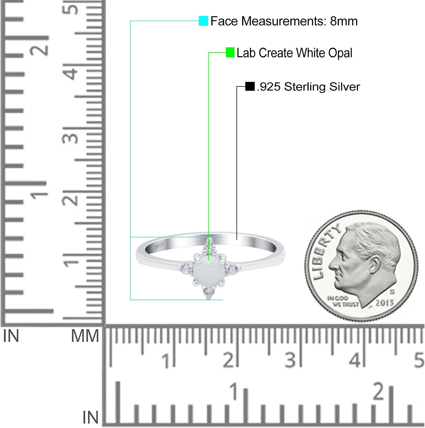 Lab Created White Opal Wedding Ring Round Simulated CZ 925 Sterling Silver (8mm)