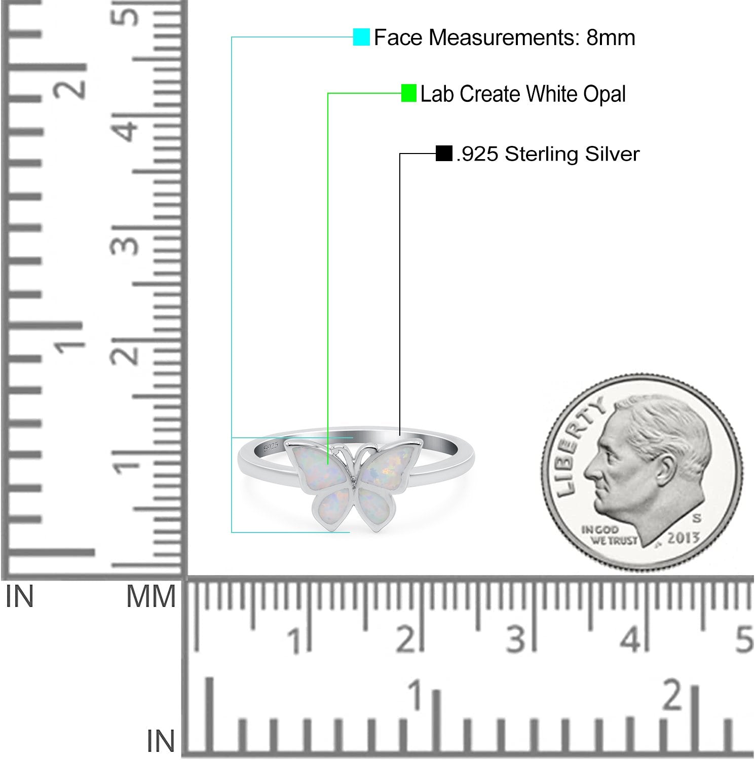 Butterfly Ring Band Lab Created White Opal 925 Sterling Silver (8mm)