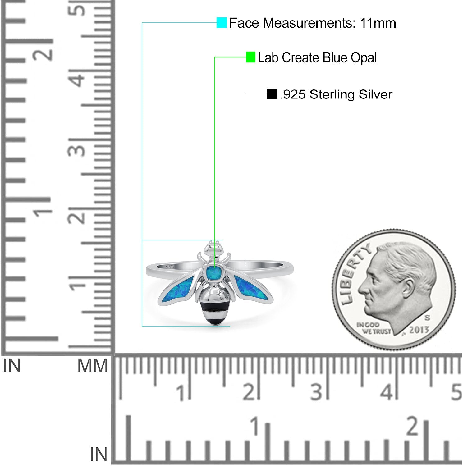 Bee Ring Band Lab Created Blue Opal 925 Sterling Silver (11mm)
