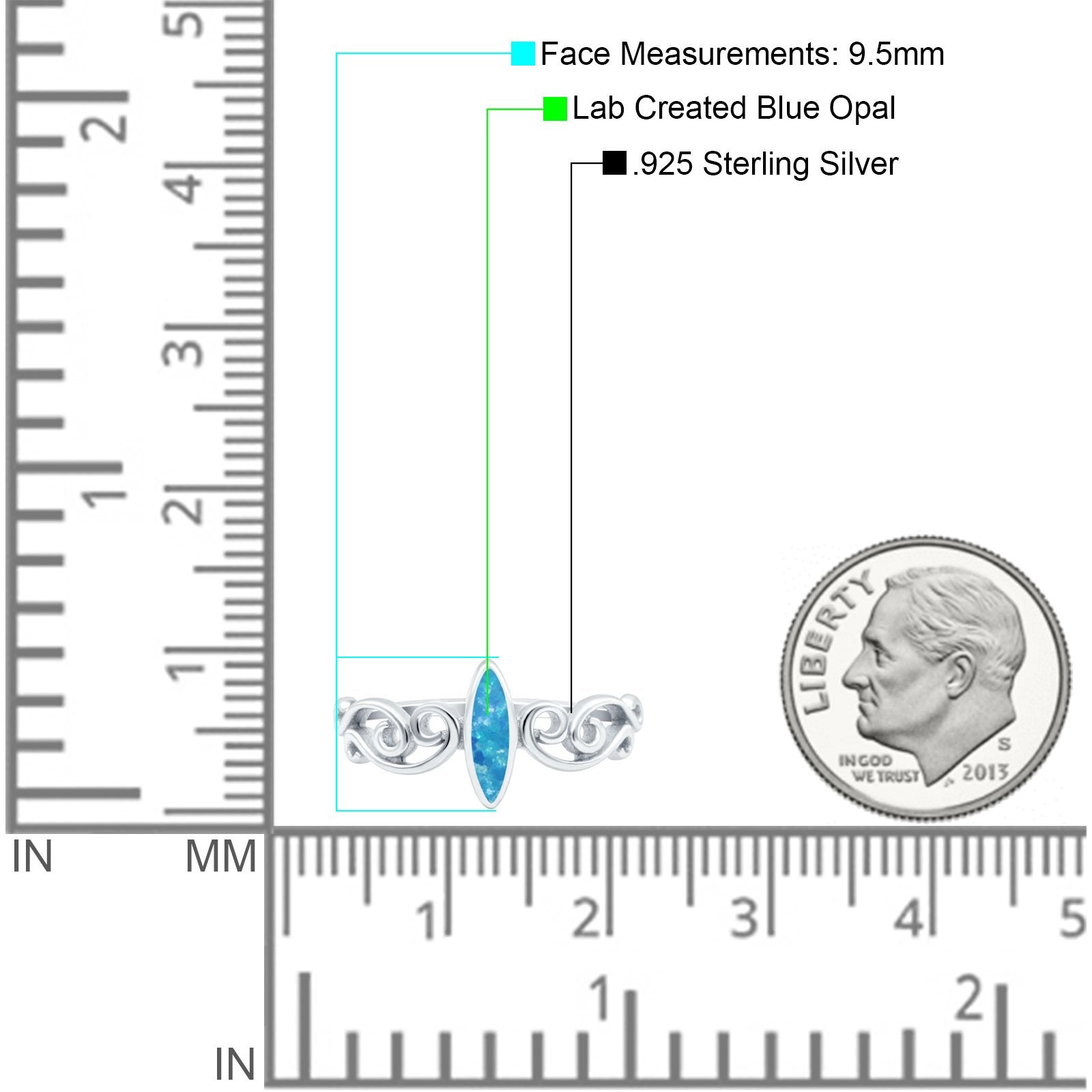 Filigree Thumb Marquise Ring Band Lab Created Blue Opal 925 Sterling Silver (9.5mm)