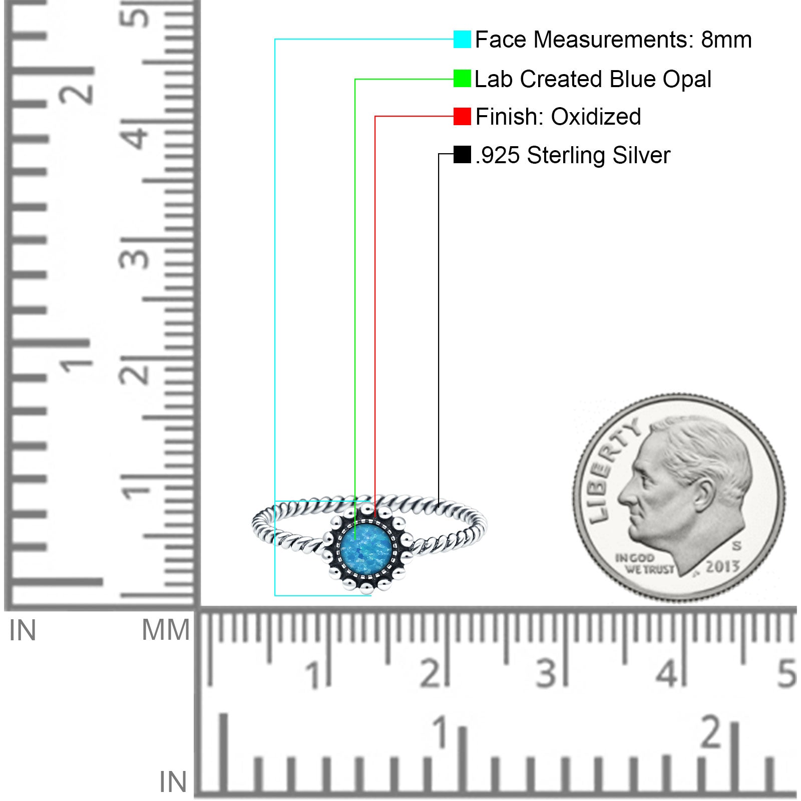 Petite Dainty Rope Vintage Style Lab Opal Ring Solid Oval Oxidized Lab Created Blue Opal 925 Sterling Silver