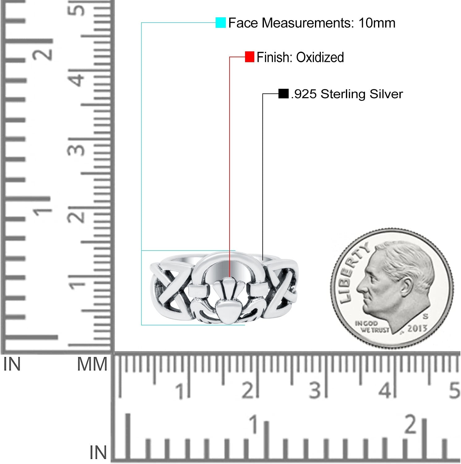 Celtic Claddagh Band Oxidized Solid 925 Sterling Silver Thumb Ring (10mm)