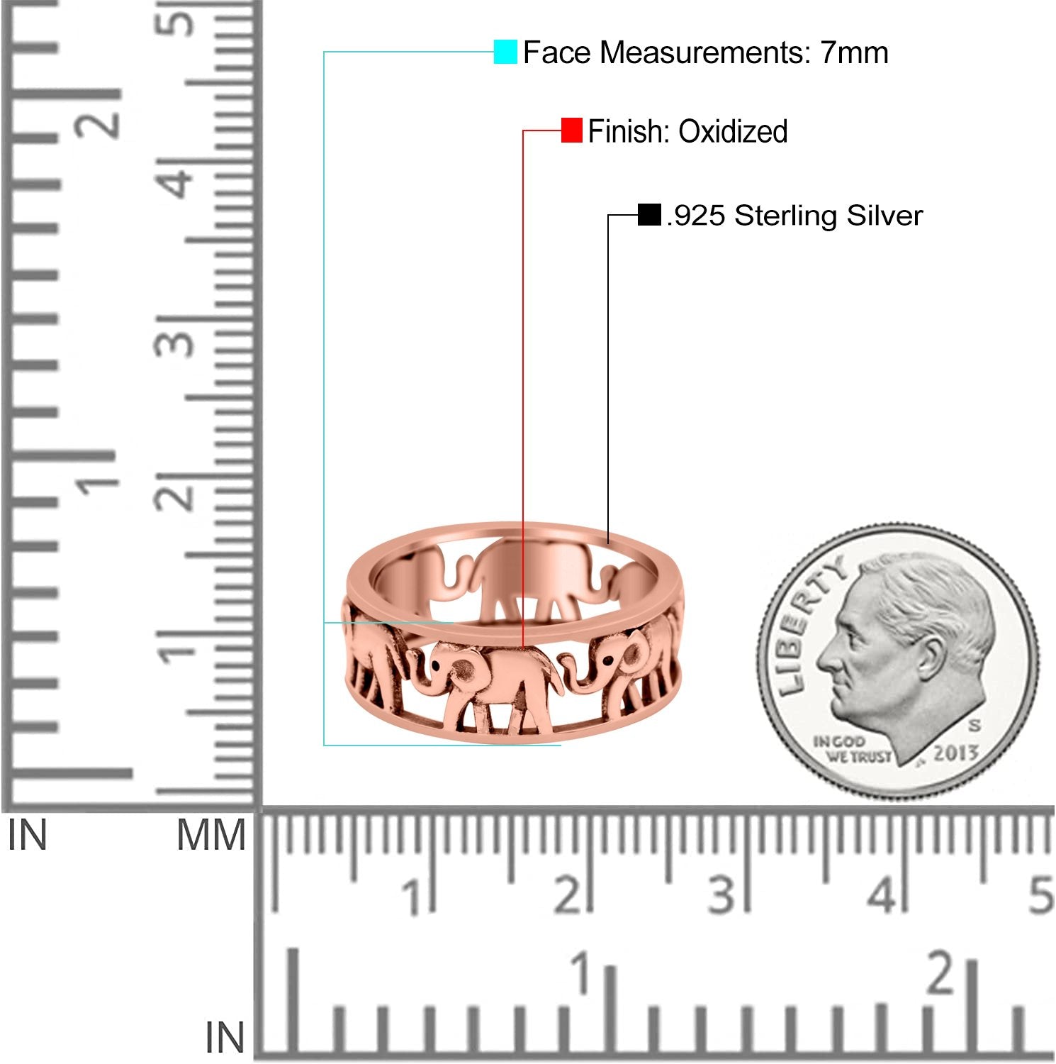Elephant Oxidized Band Solid Rose Tone 925 Sterling Silver Thumb Ring (7mm)