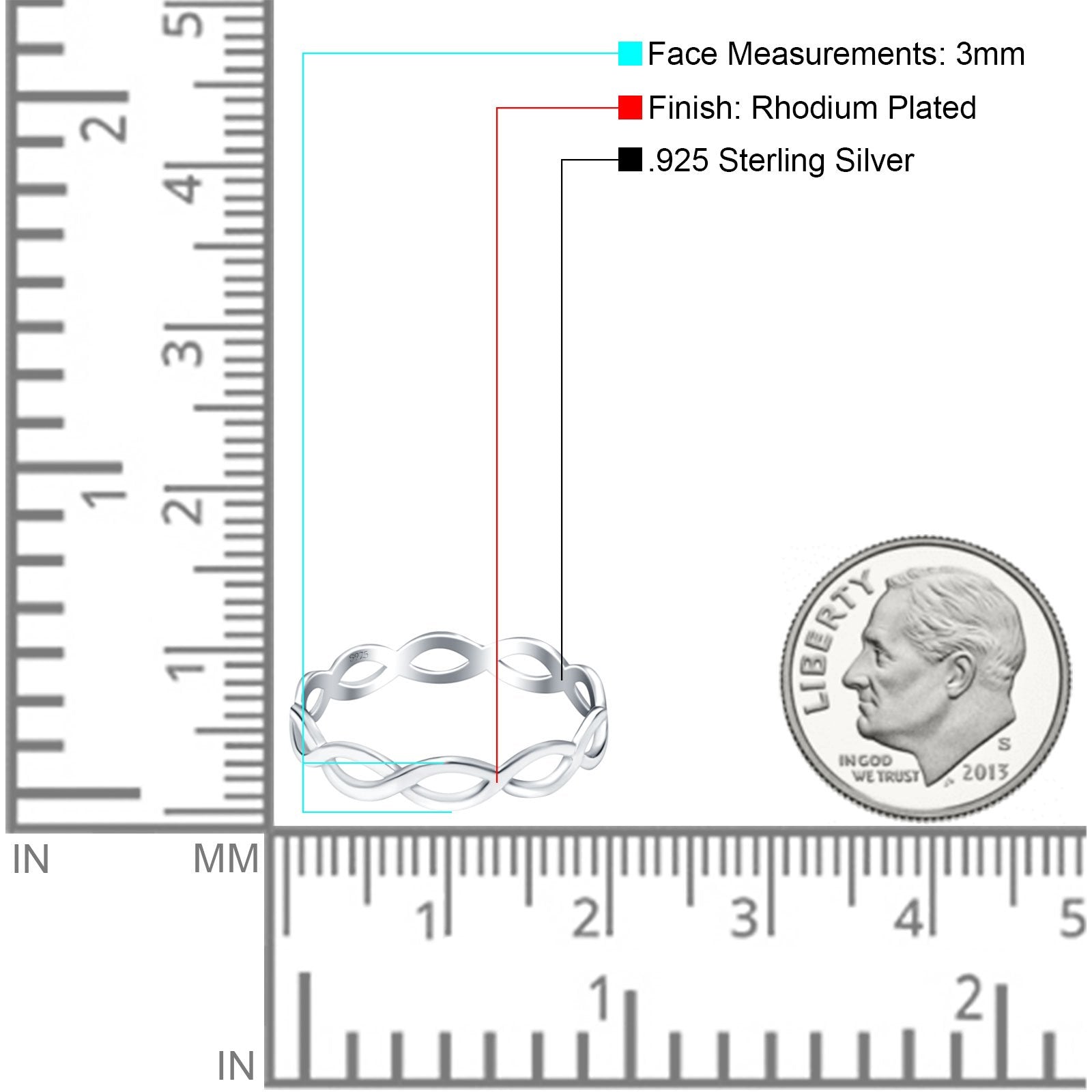 Full Eternity Infinity Braided Crisscross Rhodium Plated Band Ring Solid 925 Sterling Silver (3mm)