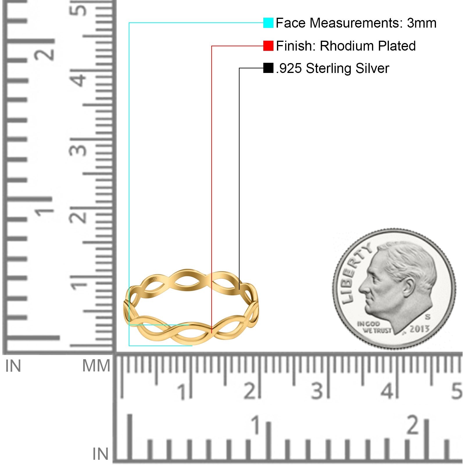 Full Eternity Infinity Braided Crisscross Yellow Tone Band Ring Solid 925 Sterling Silver (3mm)