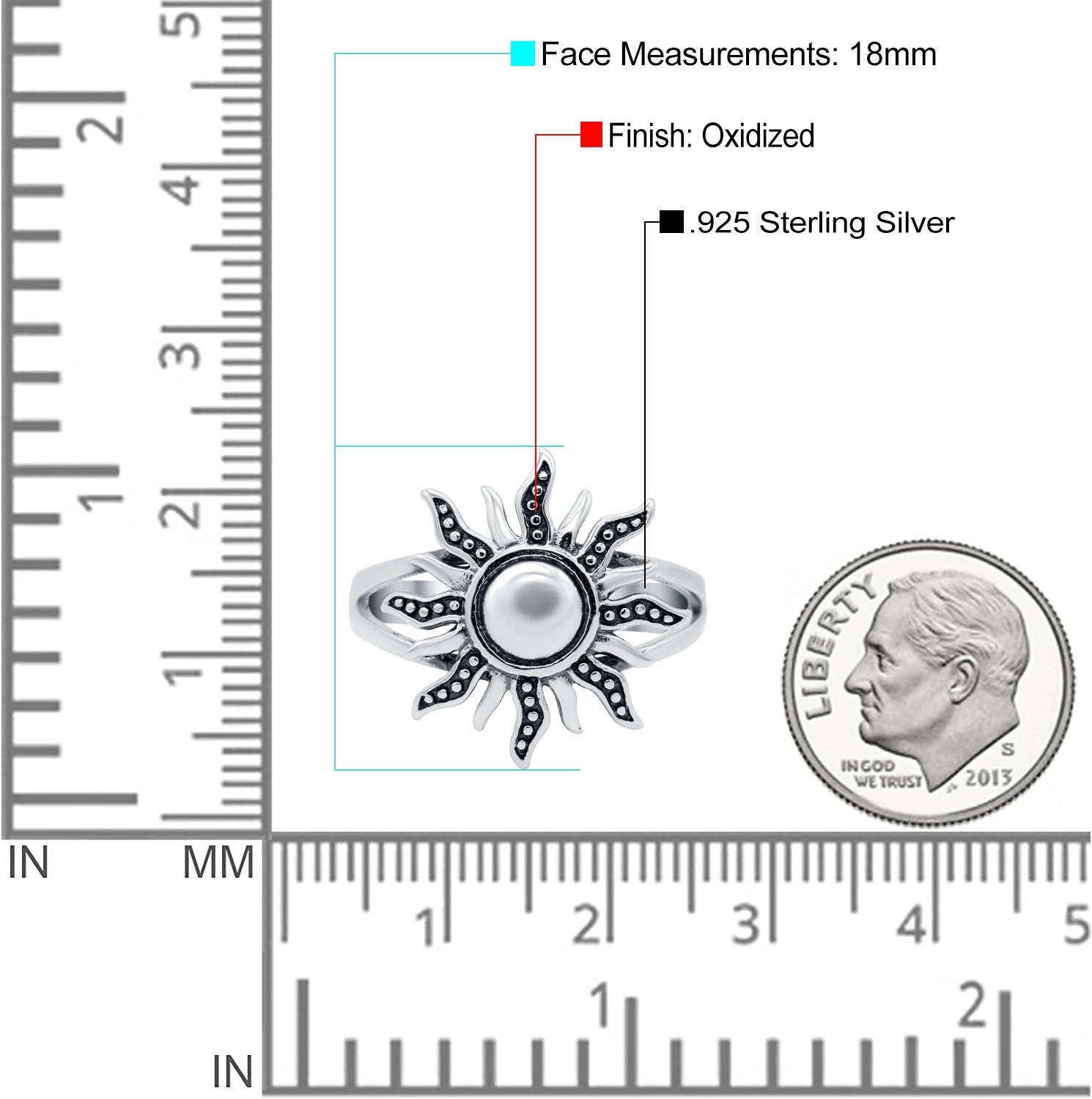 Sun Ring Oxidized Band Solid 925 Sterling Silver (18mm)