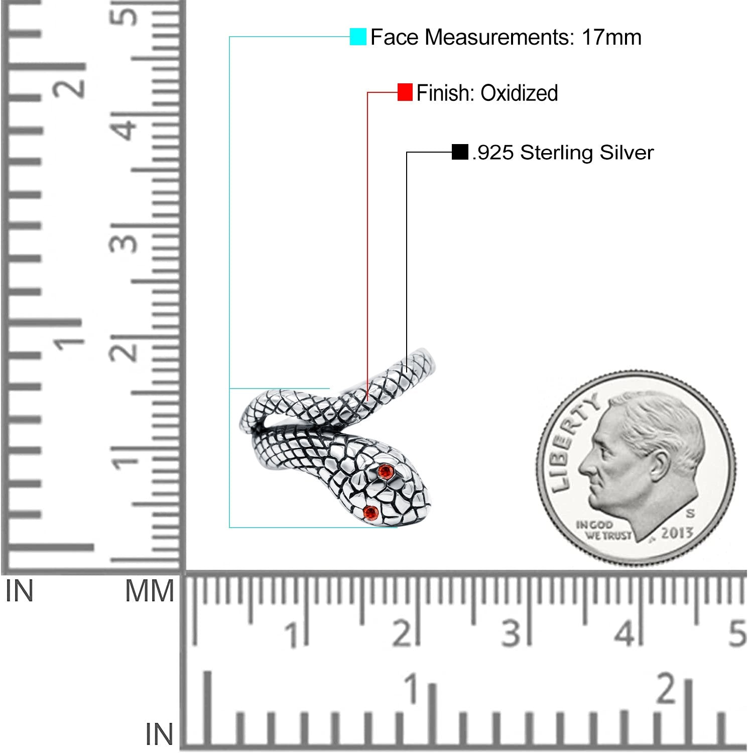 Snake Ring Oxidized Band Solid Simulated Garnet CZ 925 Sterling Silver (17mm)