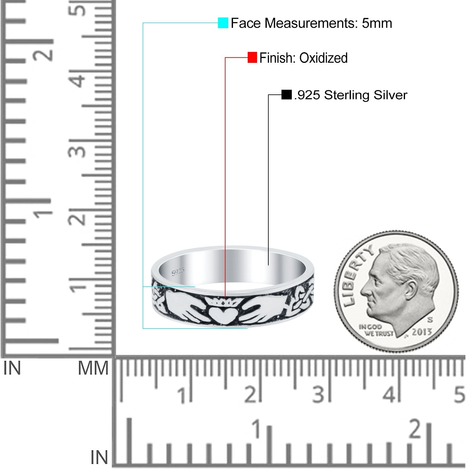 Claddagh Band Oxidized Ring Solid 925 Sterling Silver (5mm)