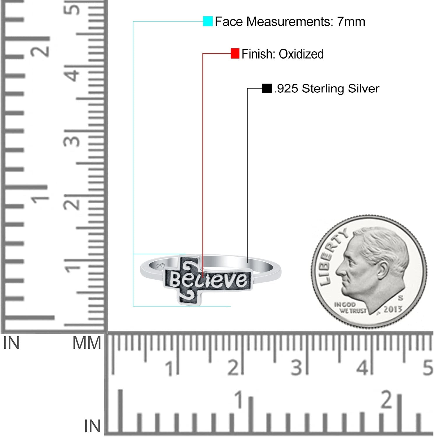 Believe Cross Band Oxidized Ring Solid 925 Sterling Silver (7mm)