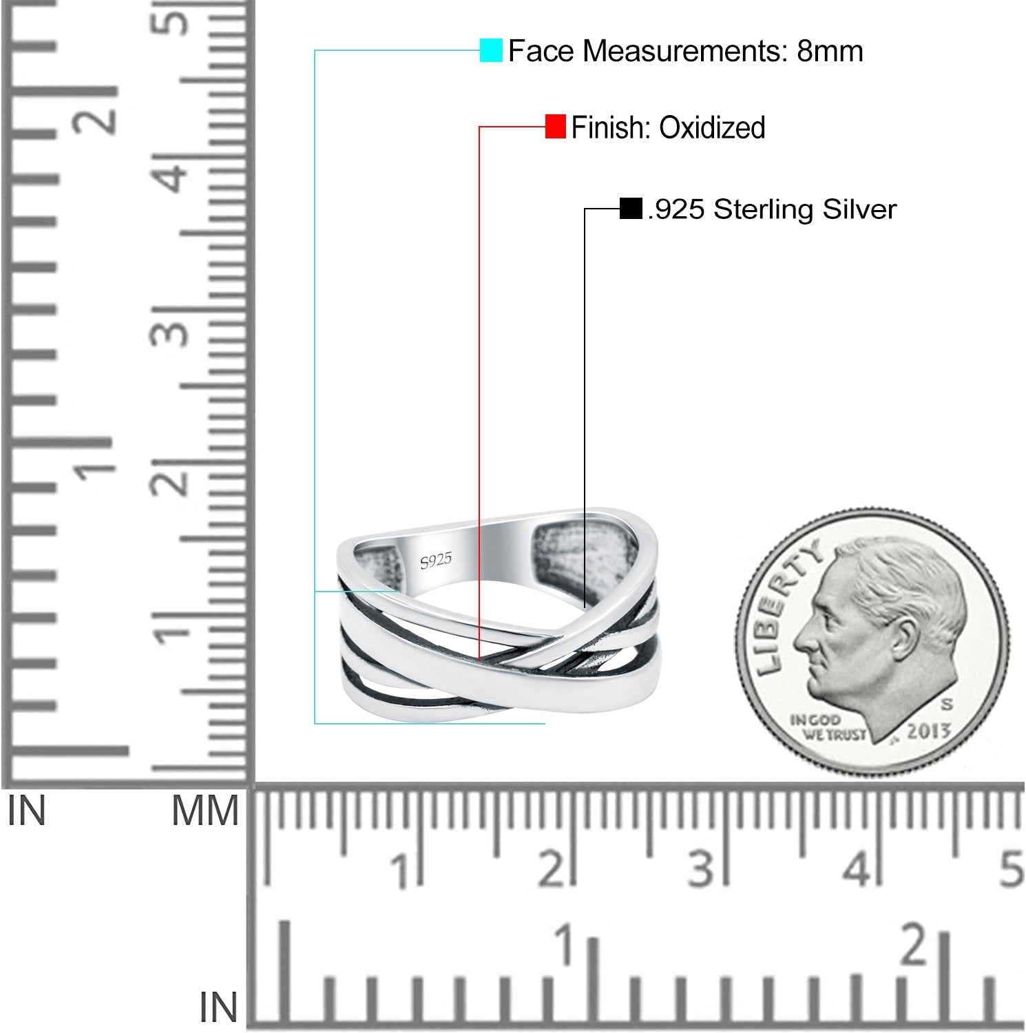 Crisscross Oxidized Band Solid 925 Sterling Silver Thumb Ring (8mm)