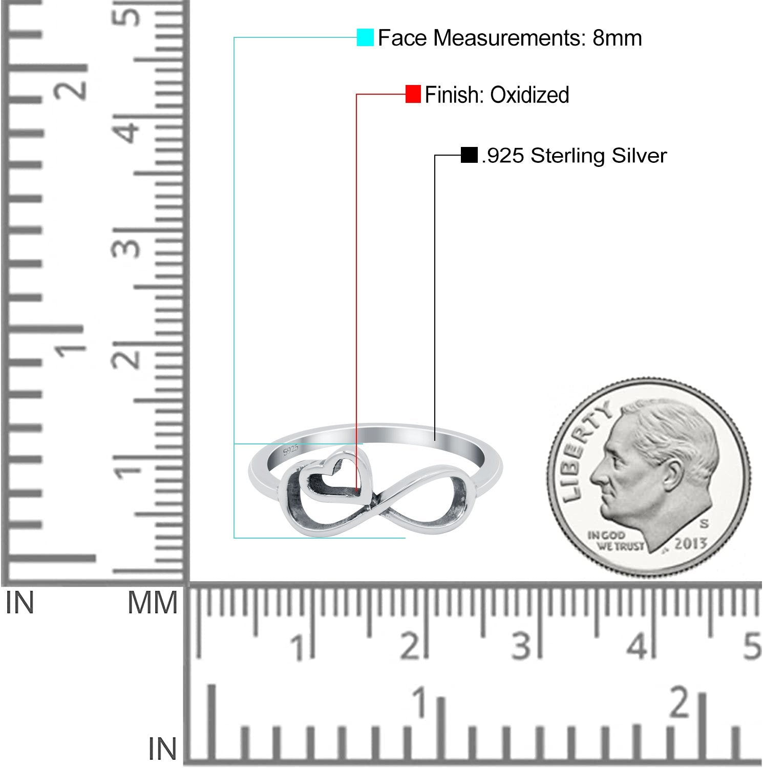 Infinity Heart Oxidized Band Solid 925 Sterling Silver Thumb Ring (8mm)