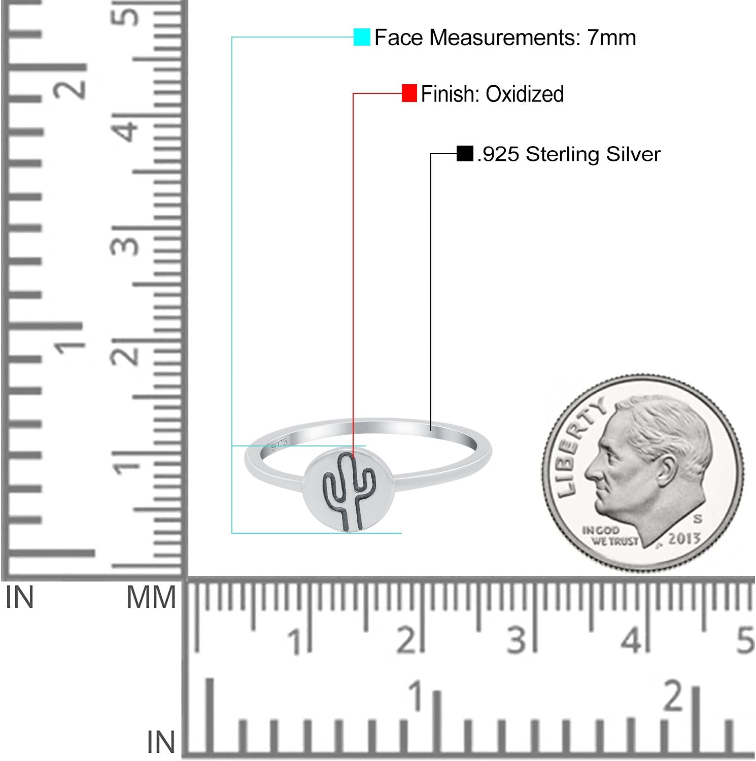 Cactus Ring Oxidized Band Solid 925 Sterling Silver Thumb Ring (7mm)