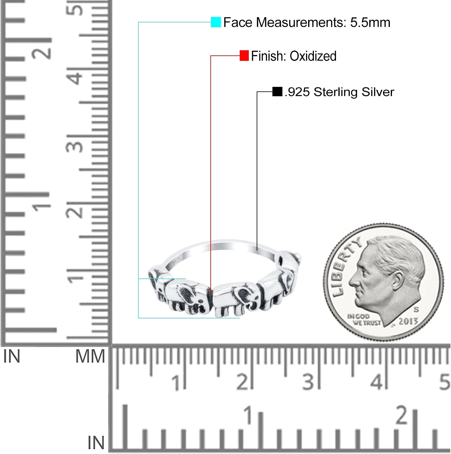 Elephants Oxidized Band Solid 925 Sterling Silver Thumb Ring (5.5mm)
