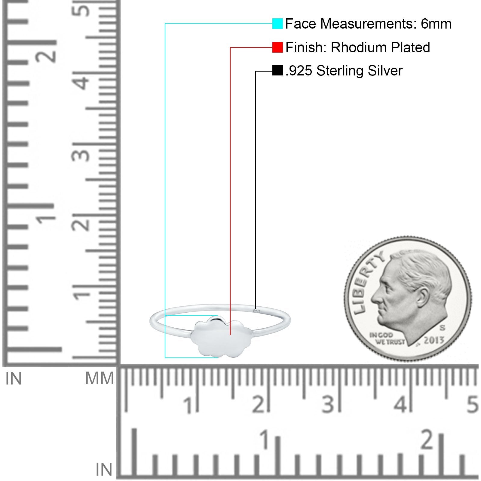 Simple Plain Petite Dainty Cloud Ring Band Rhodium Plated Solid 925 Sterling Silver (6mm)