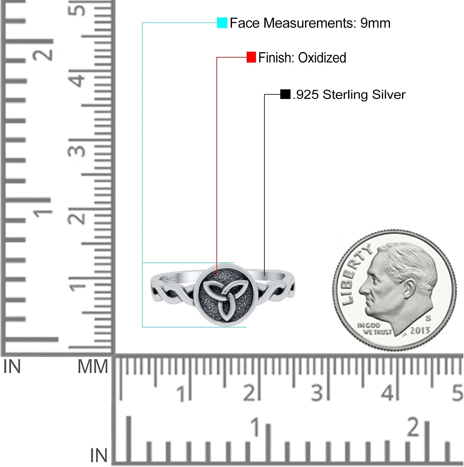 Triquetra Band Oxidized Ring Solid 925 Sterling Silver (9mm)