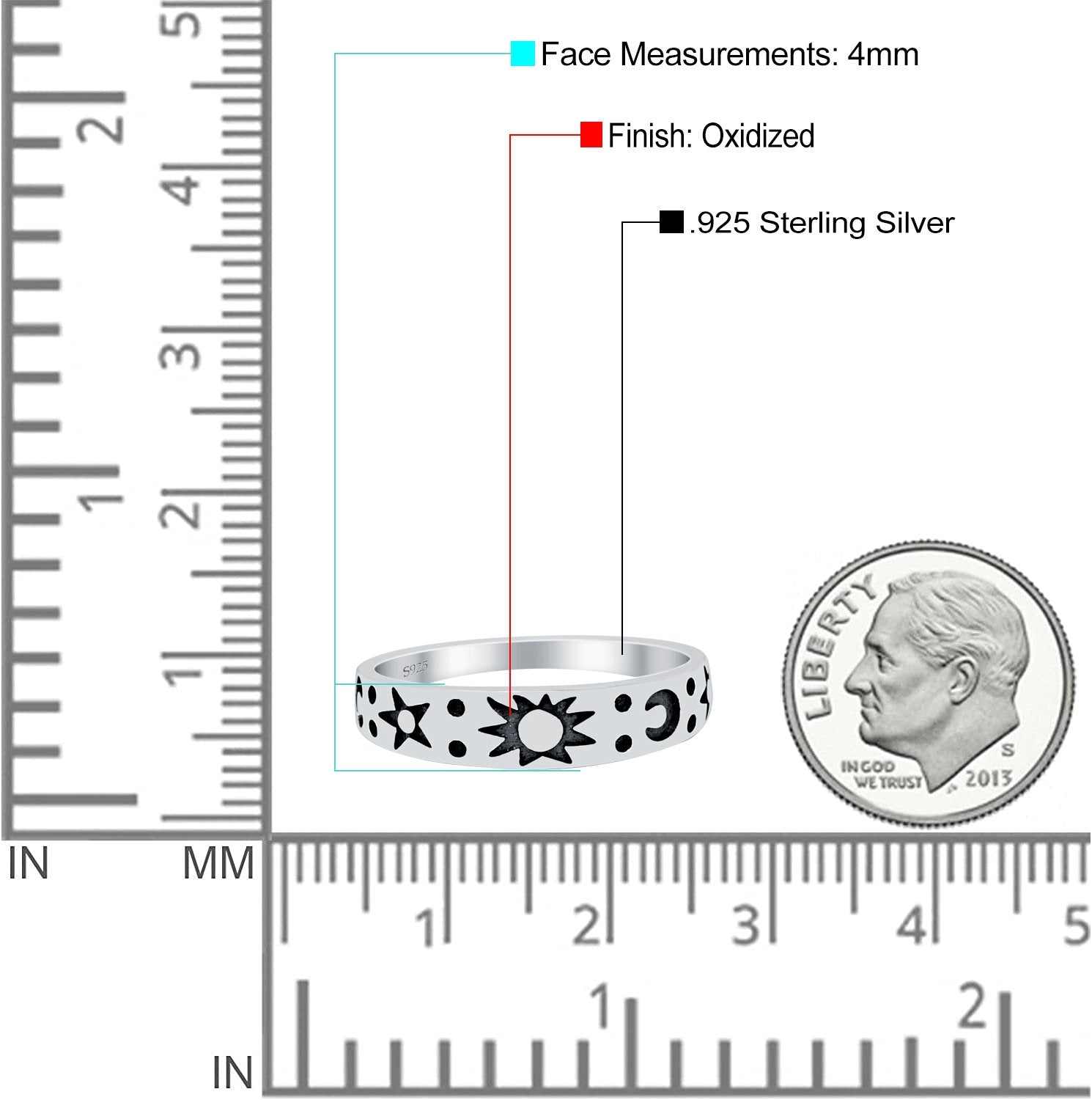 Moon Sun and Stars Band Oxidized Ring Solid 925 Sterling Silver (4mm)