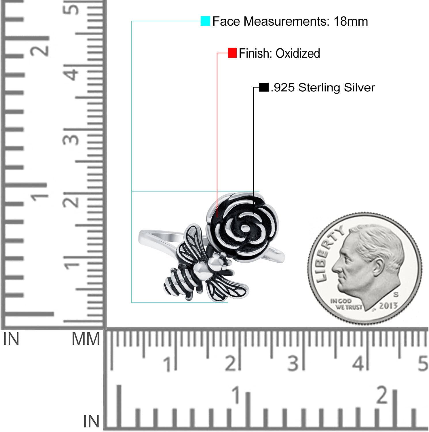 Bee & Flower Ring Oxidized Band Solid 925 Sterling Silver (18mm)