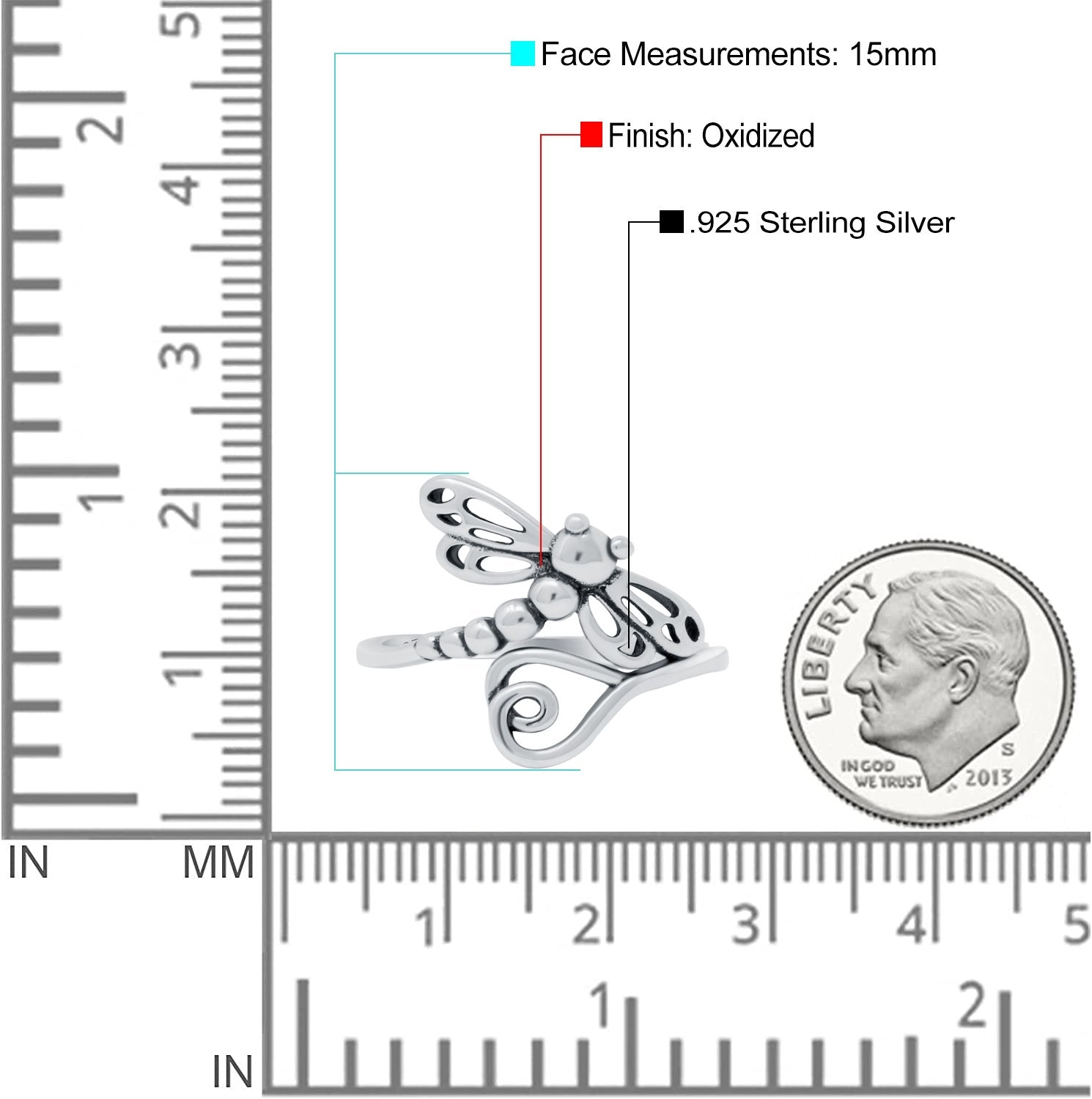 Dragonfly Band Oxidized Solid 925 Sterling Silver Thumb Ring (15mm)