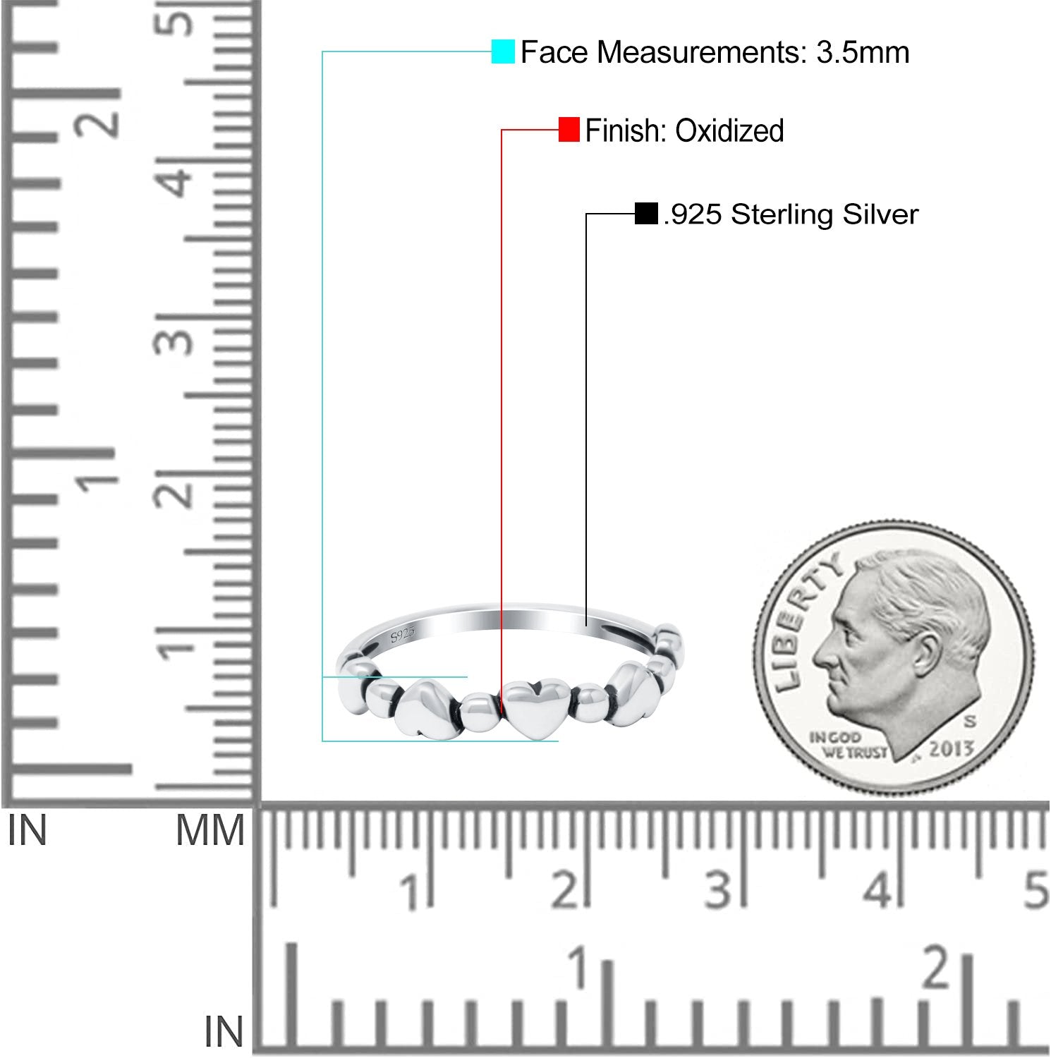 Dots and Hearts Band Oxidized Solid 925 Sterling Silver Thumb Ring (3.5mm)