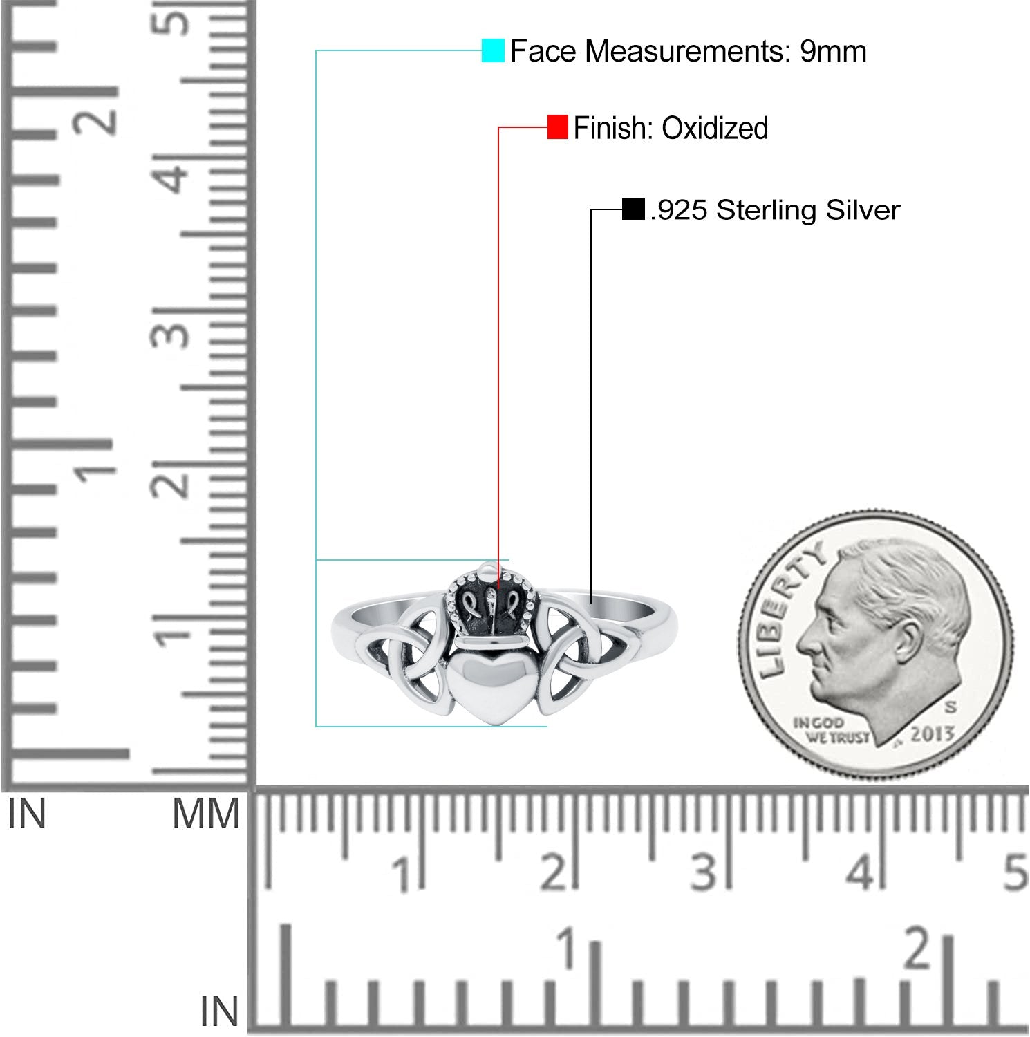 Celtic Claddagh Band Oxidized Ring Solid 925 Sterling Silver (9mm)