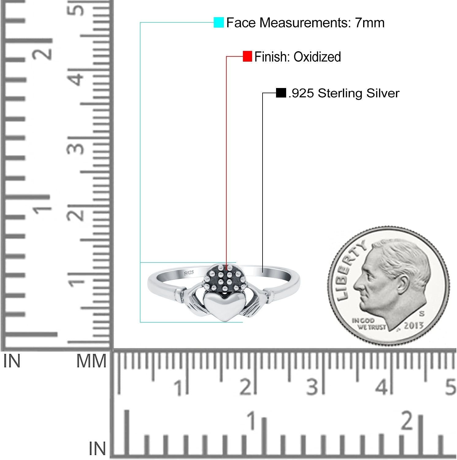 Claddagh Band Oxidized Solid 925 Sterling Silver Thumb Ring (7mm)