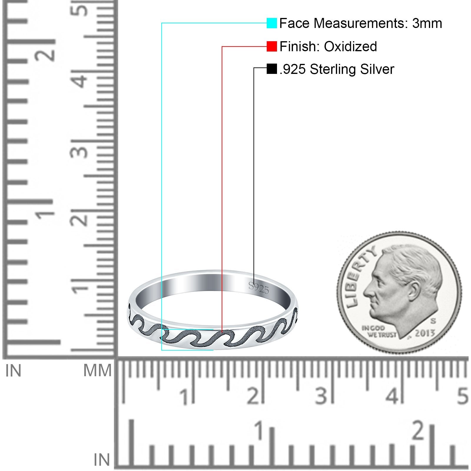 Wave Band Oxidized Ring Solid 925 Sterling Silver (3mm)