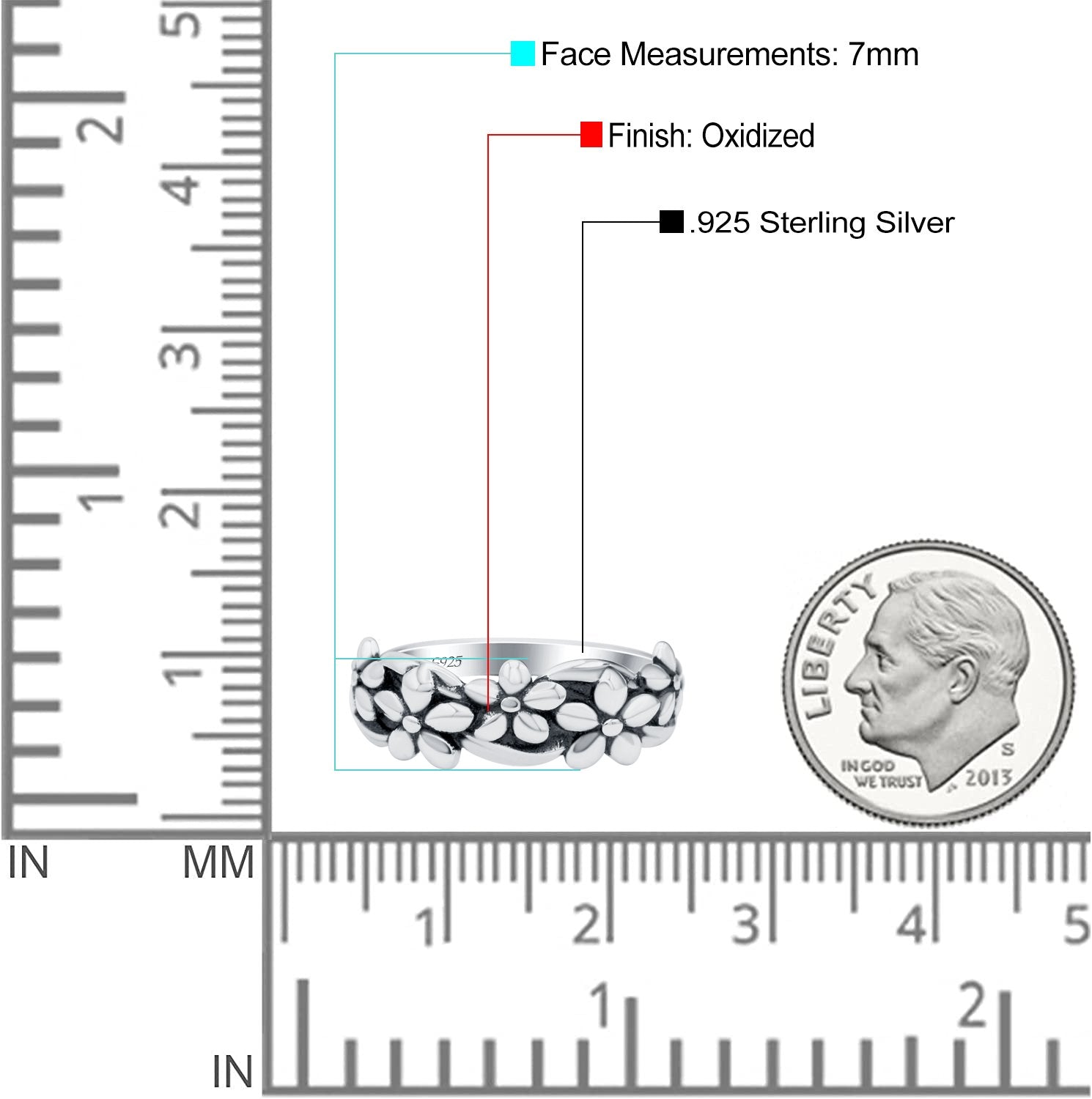 Daisies Oxidized Band Solid 925 Sterling Silver Thumb Ring (7mm)