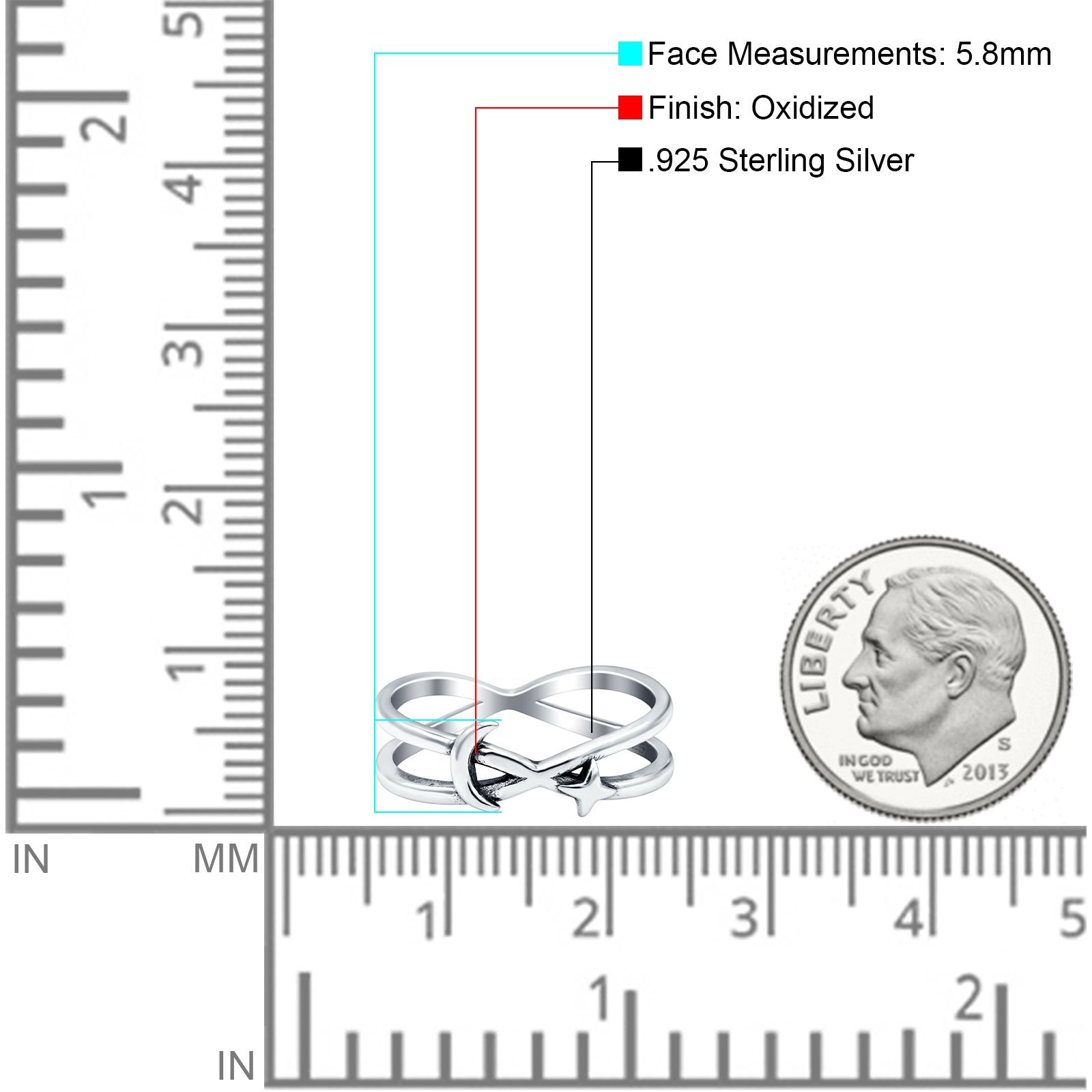 Moon & Star Oxidized Band Solid 925 Sterling Silver Thumb Ring (5.8mm)