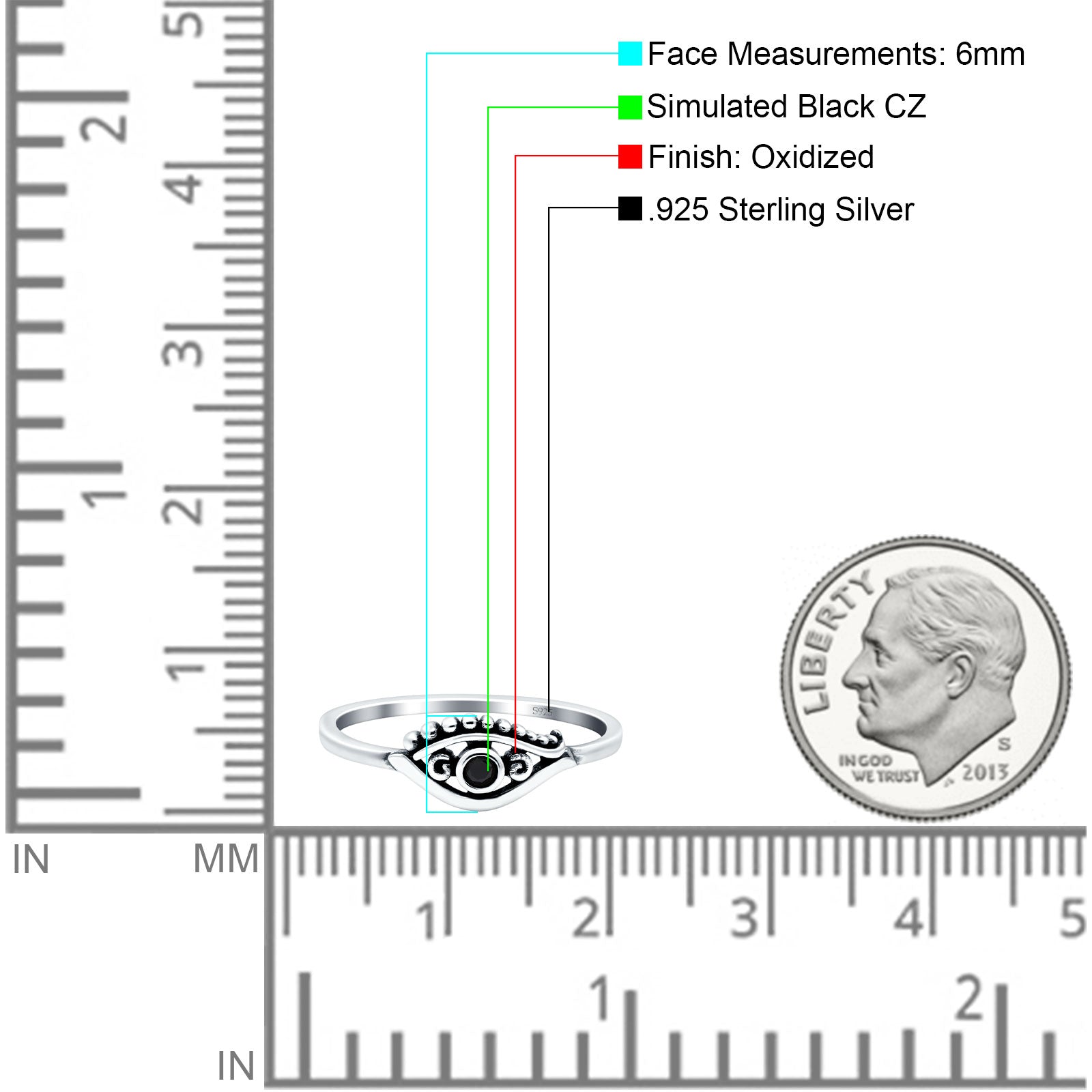 Eye Oxidized Band Solid Black CZ 925 Sterling Silver Thumb Ring (6mm)