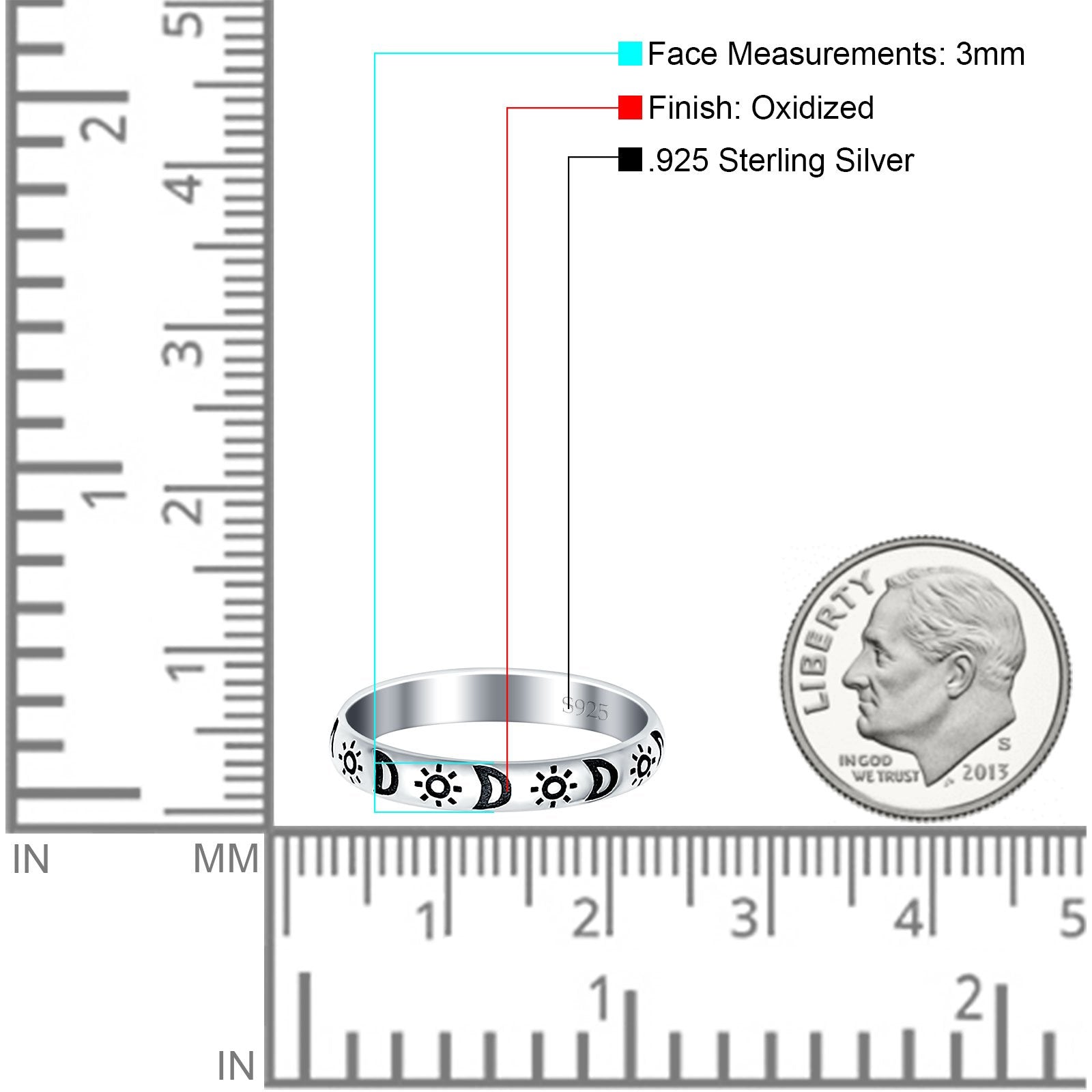 Moon & Stars Oxidized Band Solid 925 Sterling Silver Thumb Ring (3mm)