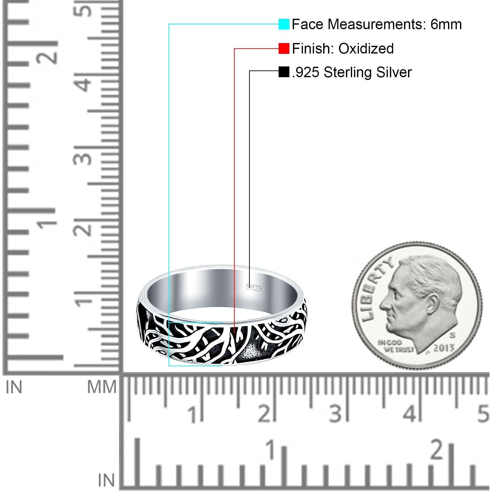 Branches Oxidized Band Solid 925 Sterling Silver Thumb Ring (6mm)