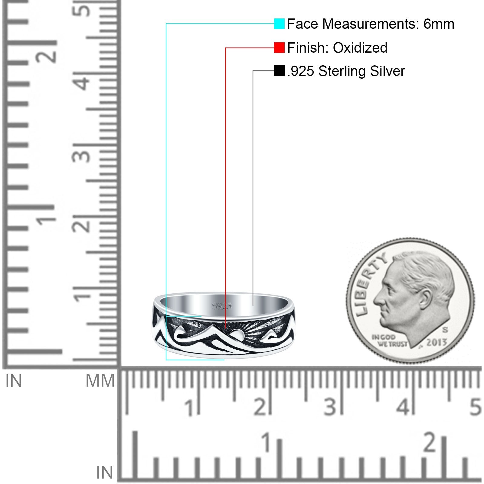Mountains & Sun Oxidized Band Solid 925 Sterling Silver Thumb Ring (6mm)