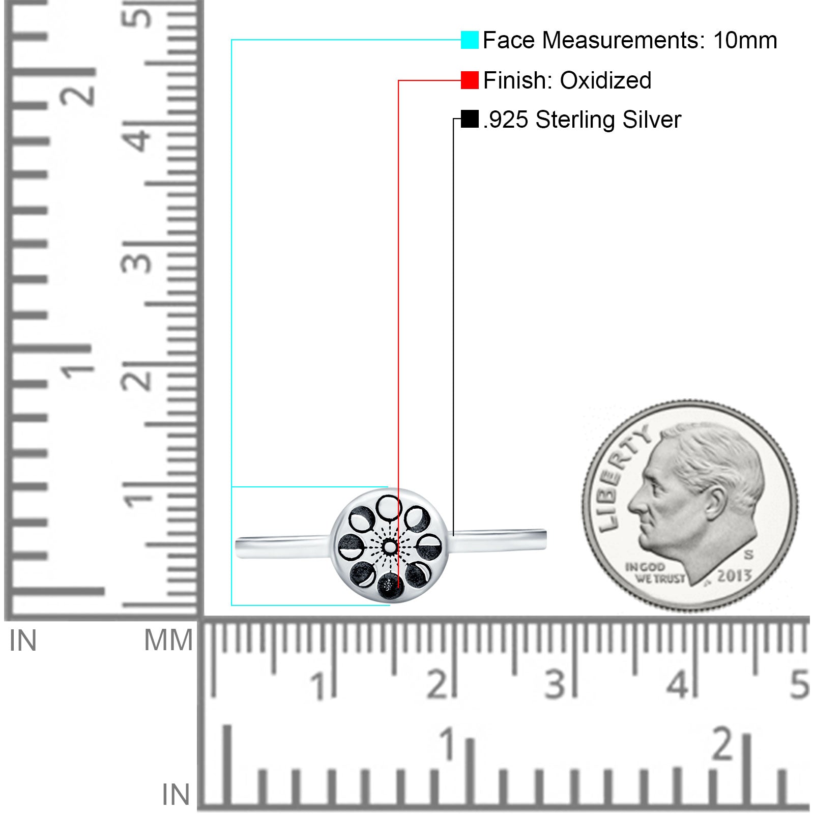 Moon Phases Oxidized Band Solid 925 Sterling Silver Thumb Ring (10mm)