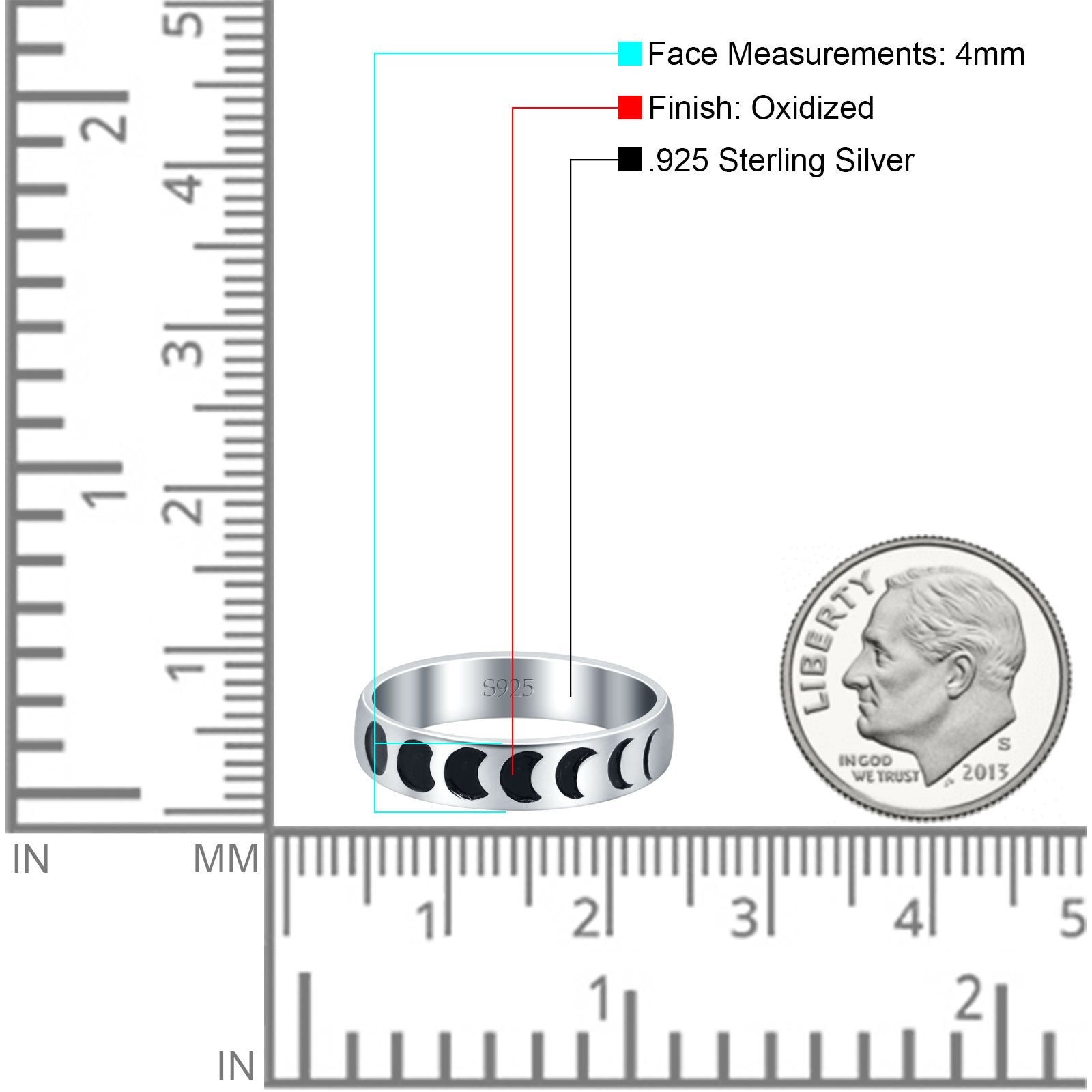 Moon Phases Band Oxidized Ring Solid 925 Sterling Silver (4mm)