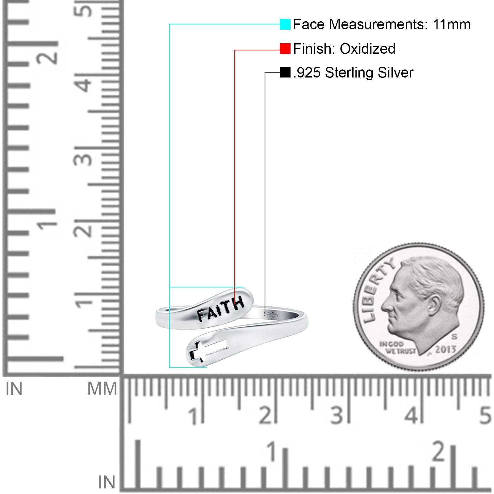 Faith & Cross Band Oxidized Ring Solid 925 Sterling Silver (11mm)