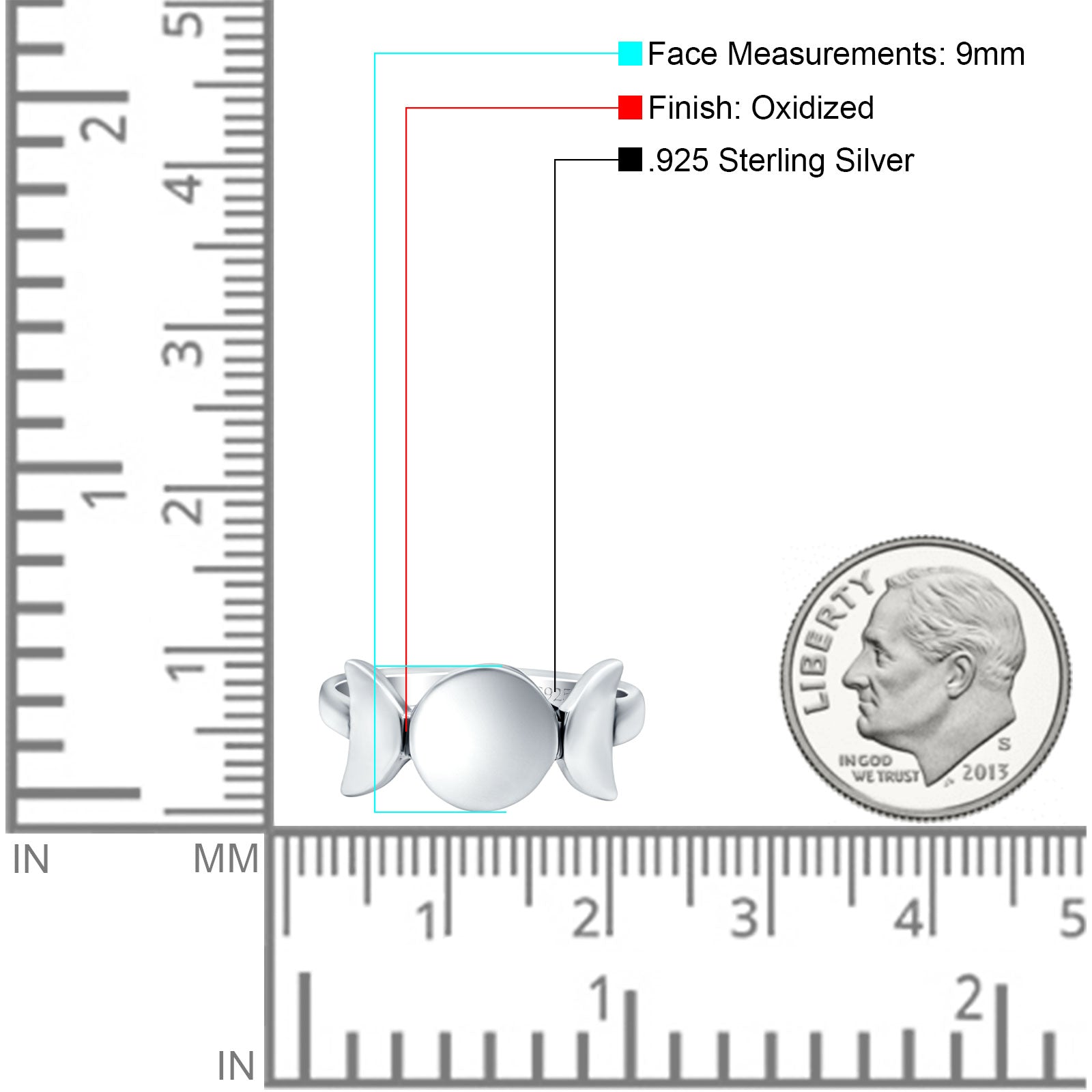 Moon Phases Style Band Solid 925 Sterling Silver Ring (9mm)