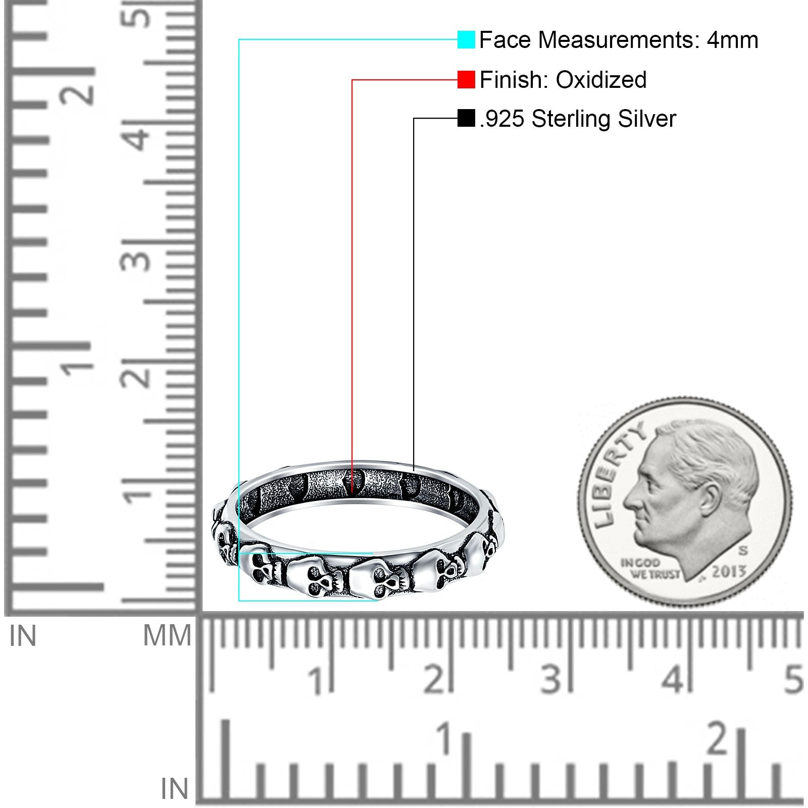 Skull Oxidized Band Solid 925 Sterling Silver Thumb Ring (4mm)
