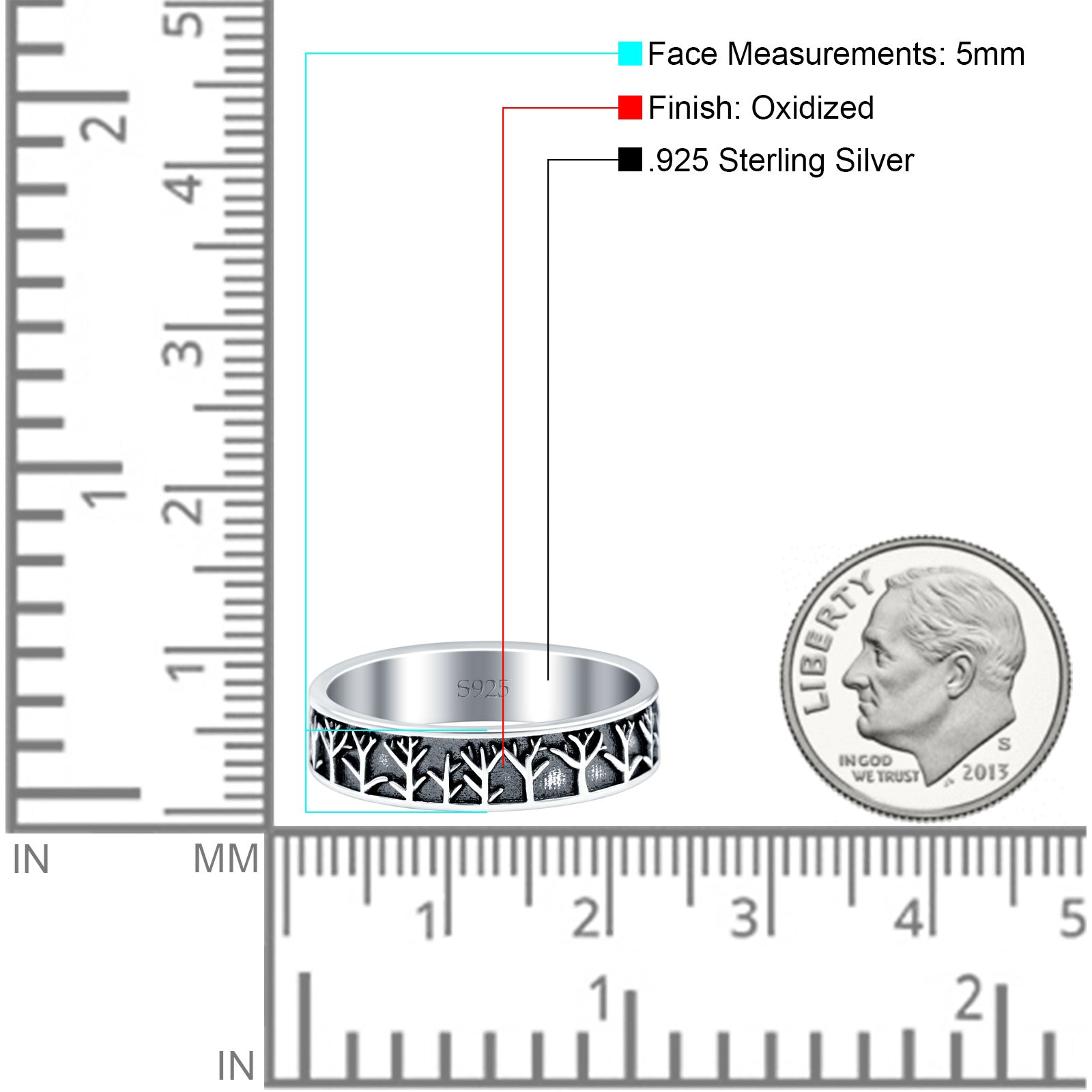 Trees Oxidized Band Solid 925 Sterling Silver Thumb Ring (5mm)