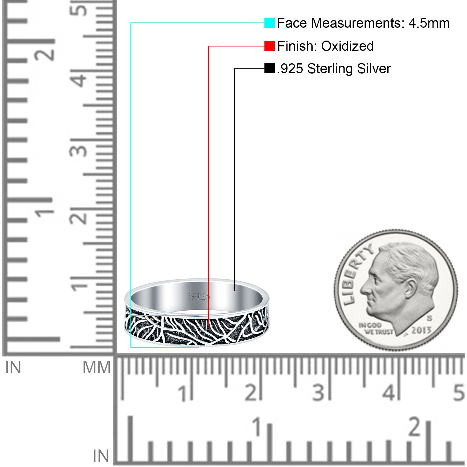Tree Branches Oxidized Band Solid 925 Sterling Silver Thumb Ring (4.5mm)