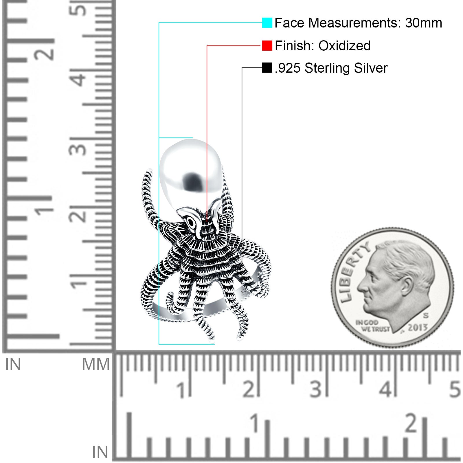 Octopus Oxidized Band Solid 925 Sterling Silver Thumb Ring (30mm)