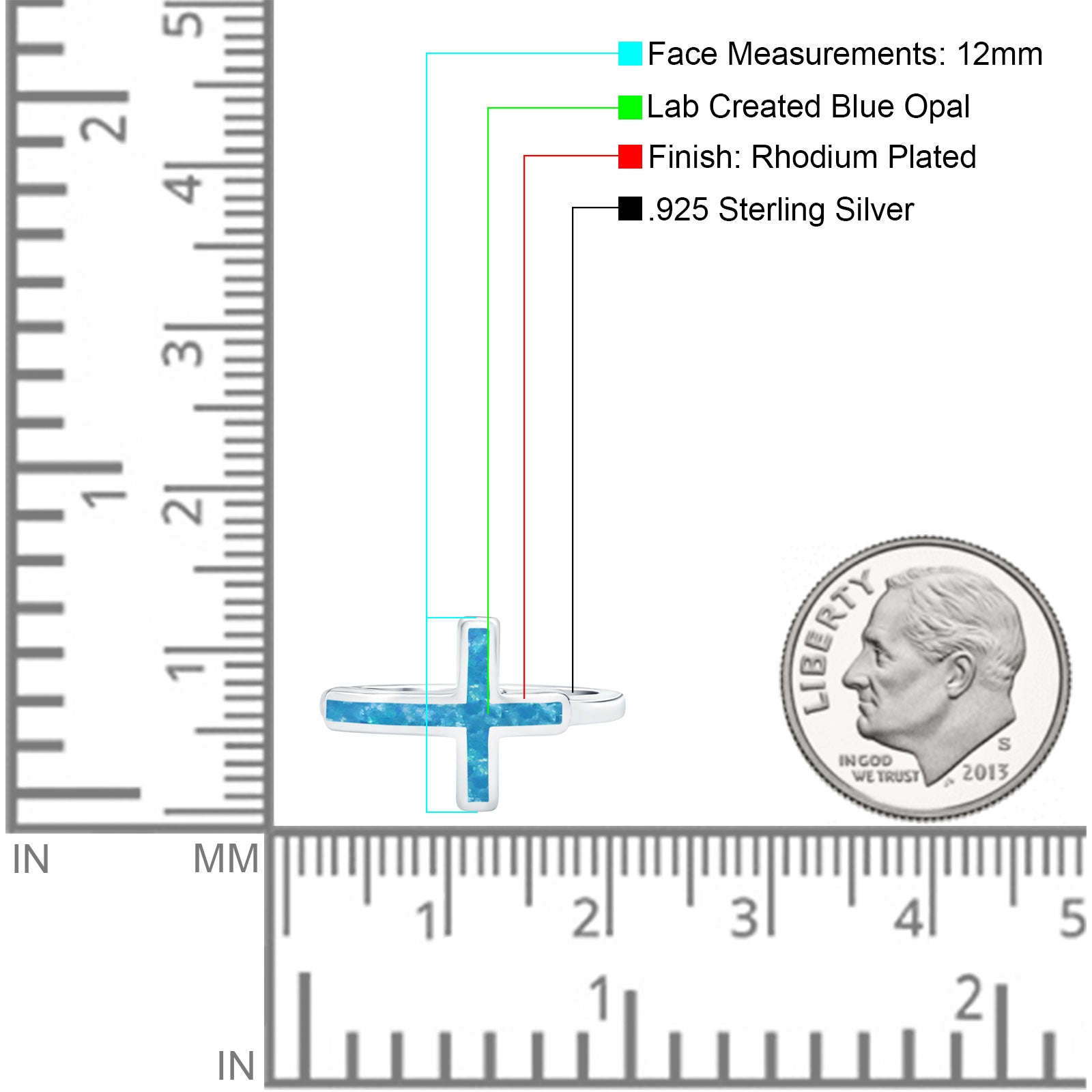 Sideways Cross Ring Rhodium Plated Band Lab Created Blue Opal 925 Sterling Silver (12mm)