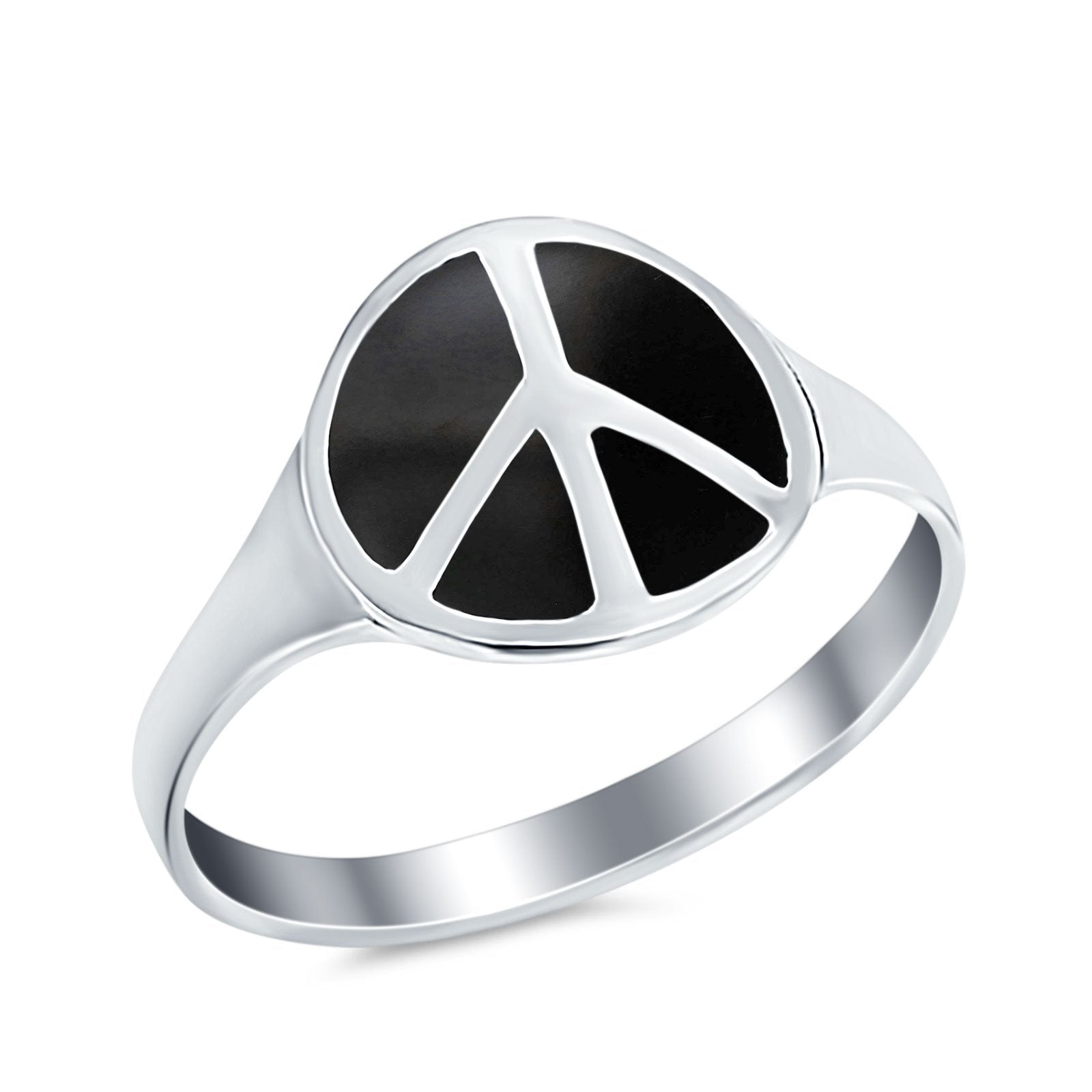 Peace Sign Ring Simulated Black Onyx 925 Sterling Silver