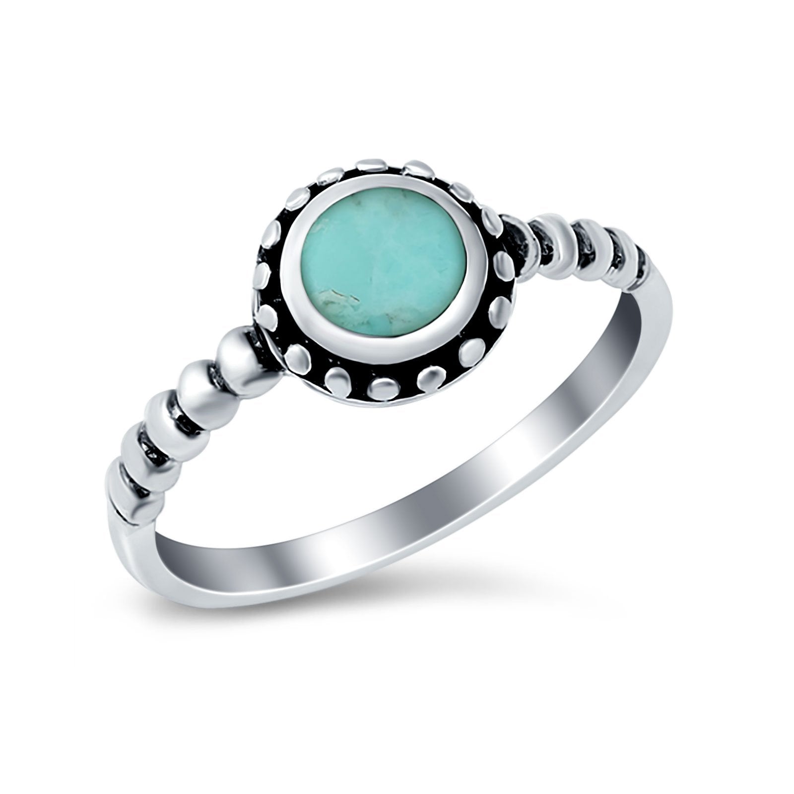 Petite Dainty Stone Oxidized Round Simulated Turquoise CZ 925 Sterling Silver