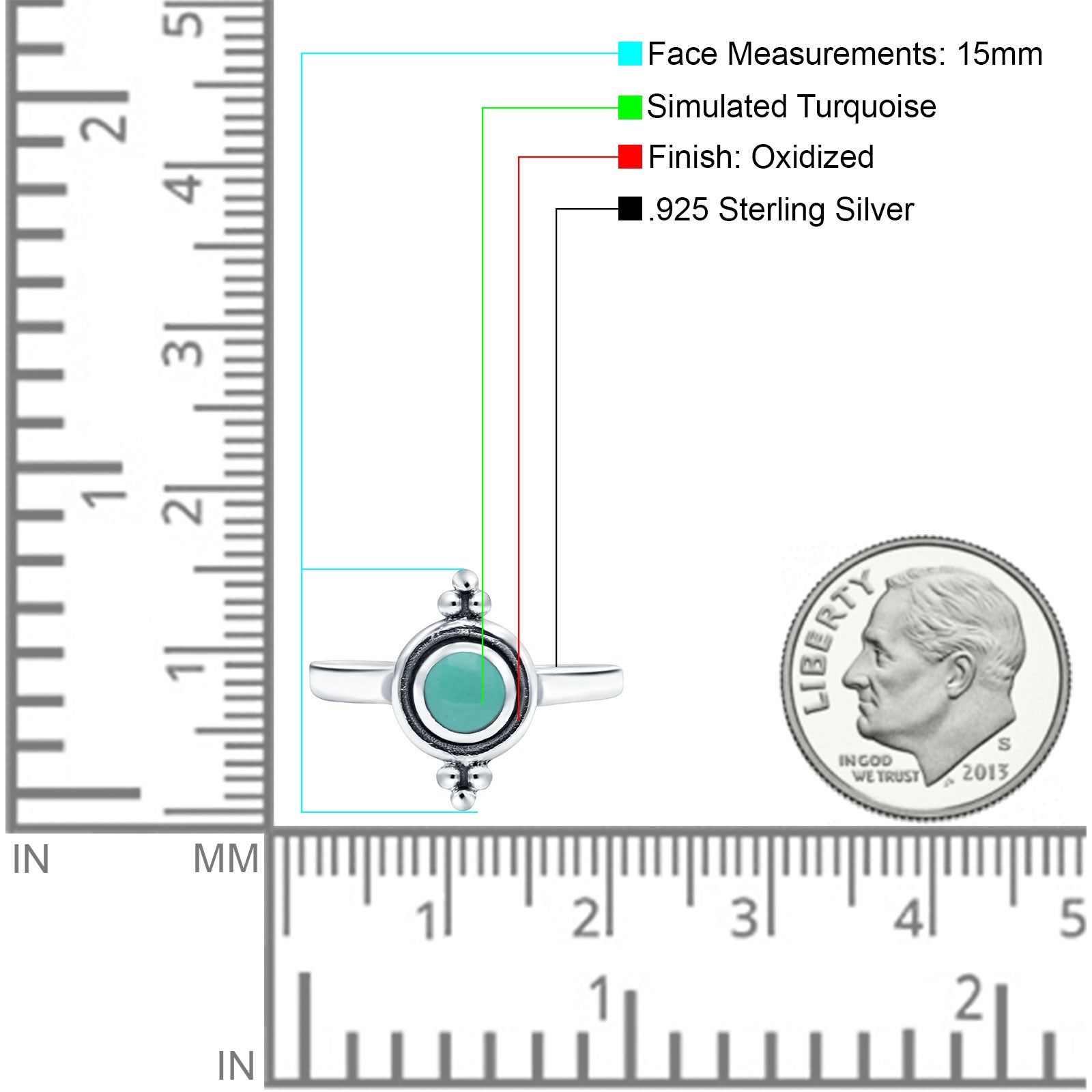 Petite Dainty Round Solitaire Ring Simulated Turquoise Band Oxidized Braided 925 Sterling Silver