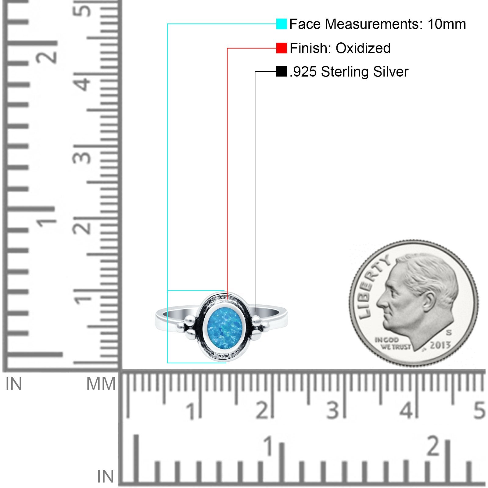 Petite Dainty Round Lab Created Blue Opal Solitaire Band Oxidized Braided 925 Sterling Silver