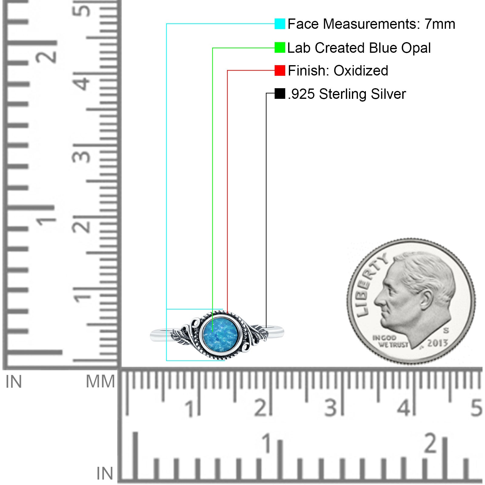 Filigree Petite Dainty Round Lab Created Blue Opal Promise Ring Band Oxidized 925 Sterling Silver