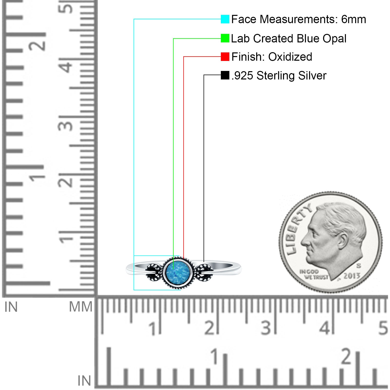 Promise Band Oxidized Round Lab Created Blue Opal Petite Dainty Ring 925 Sterling Silver