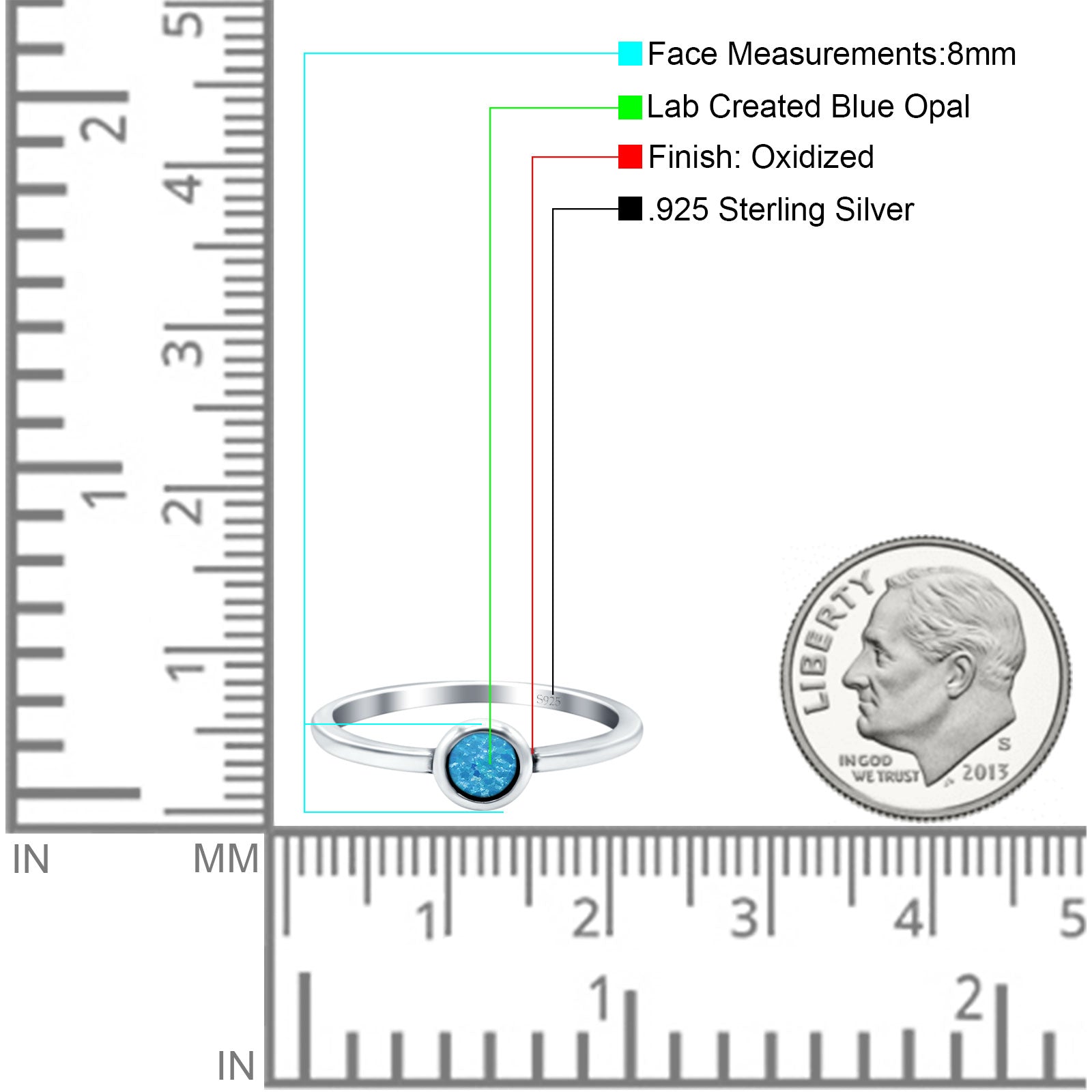 Solitaire Petite Dainty Round Lab Created Blue Opal Promise Ring Band Oxidized 925 Sterling Silver