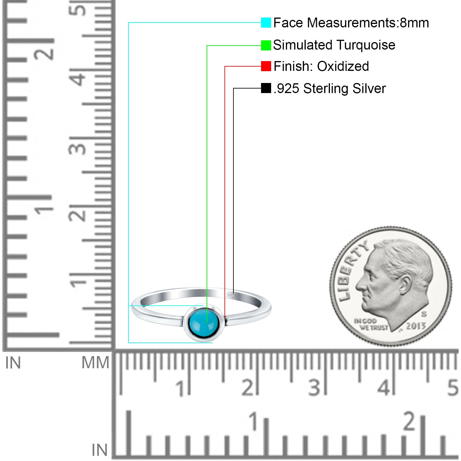 Solitaire Petite Dainty Round Simulated Turquoise Promise Ring Band Oxidized 925 Sterling Silver